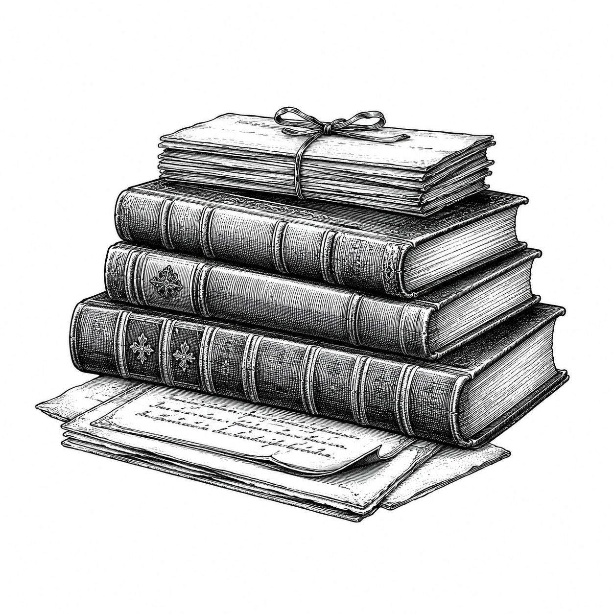 Illustrazione incisa di libri e carte d'archivio.
